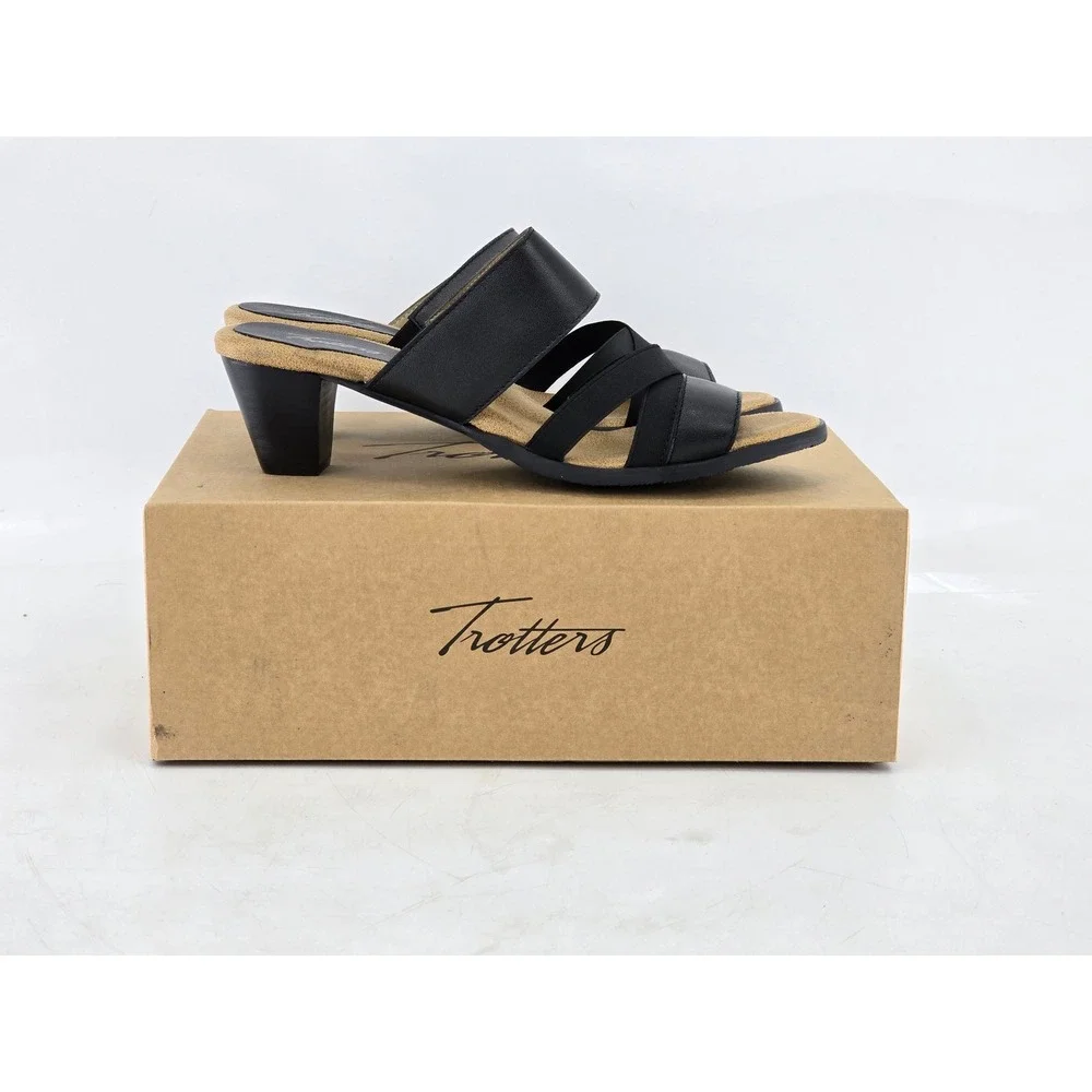 Trotters Maxine Sandals Women 9 W Black Leather Strappy Block Heel - NEW